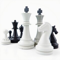 Set of black and white chess pieces including king queen bishop and knight against a white background perfect for strategy games dreamlike imagery subconscious exploration bending reality ima