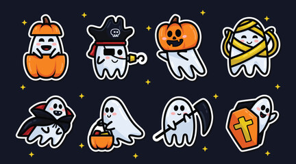Cute Halloween ghost with pumpkin sticker set. Smiling adorable ghost clip art collection for celebrate Halloween on October 31