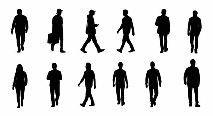 Walking People Silhouettes Vector Set on White Background