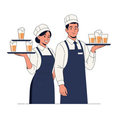 Two waitstaff attendants carefully carry trays laden with refreshing beer glasses