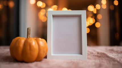 Minimal autumn layout with white wooden frame standing behind ceramic pumpkin on soft neutral surface for seasonal mockup use. 