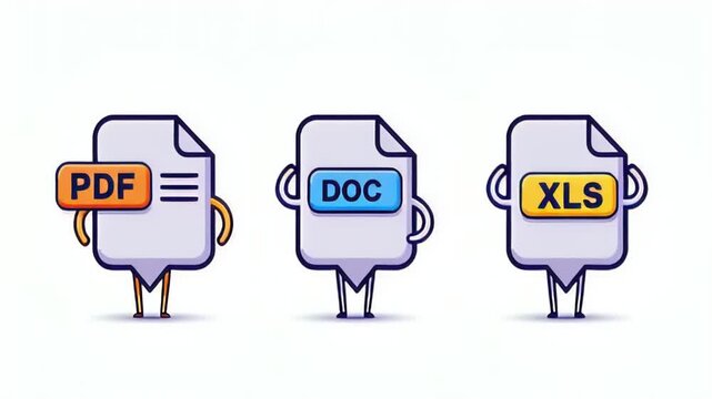 Colorful cartoon file icons representing PDF, DOC, and XLS formats with playful features and expressions