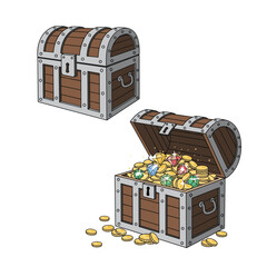 Discover hidden treasures in this captivating chest filled with gleaming gold coins and sparkling gems