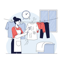 A woman inspects wet clothing hanging on a clothesline inside near a window