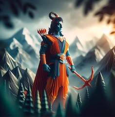 Polygonal Lord Rama Warrior Illustration in Mountain Forest – Mythological Digital Art