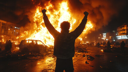 Fototapeta premium Silhouette of a man with his hands up against a large-scale city fire and riots at night. 