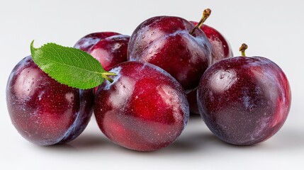 Obraz premium A spread of ripe, juicy plums on a white surface, captured close-up