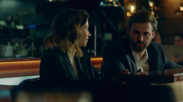 Beautiful Caucasian couple having a date in a stylish restaurant, talking and laughing. Shot with 2x anamorphic lens