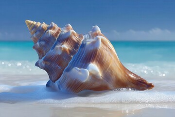 Stunning conch shell accentuating nautical beauty resting gently on a sandy shore under the sunlit azure horizon creating a serene tropical ambiance captured with clarity