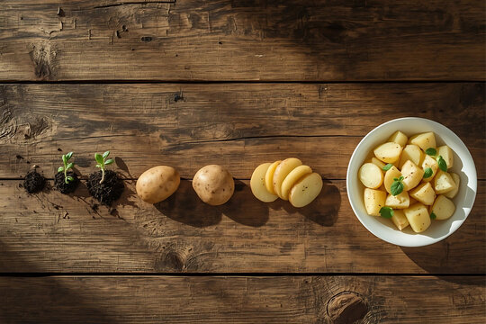 Farm to Fork: A Flat Lay Story of Food from Seed to Final Dish on Rustic Background – Organic Ingredient Lifecycle in Sequential Layout