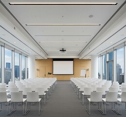Big empty modern meeting, Presentation Screen board Seminar room interior Seat row,Conference room for Business training, large windows outside building city