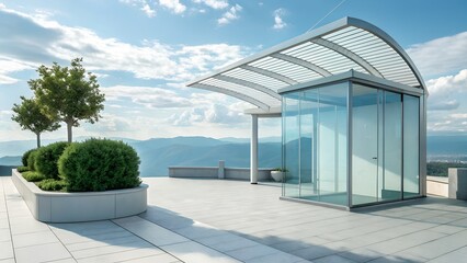 Obraz premium Modern glass structure on a rooftop terrace with a scenic view of mountains and sky