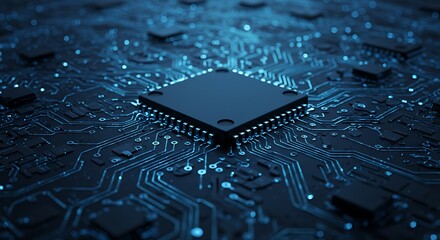 Photo of a detailed view of a computer chip on a blue circuit board