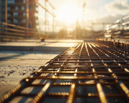 Close-up view of reinforcing steel mesh on a construction site.