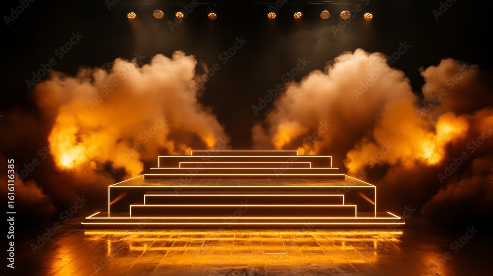Wall mural illuminated stage with smoky atmosphere and neon lights.