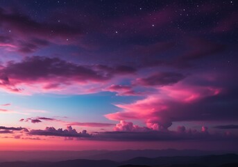 Fototapeta premium Photo of colorful clouds fill the sky at sunset with stars above