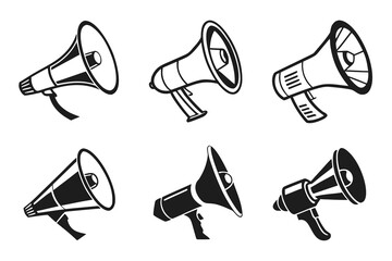 Collection of Six Stylized Megaphone Icons.