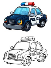 Cartoon Police Car with Siren and Outline Version