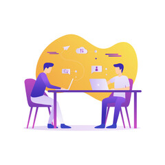 Coworkers collaborating on laptops with cloud file-sharing icons – remote teamwork illustration