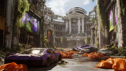 Post apocalyptic cityscape with overgrown buildings and abandoned cars