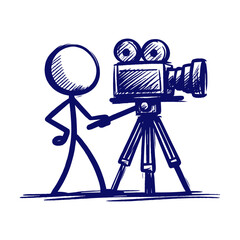 Creative icon of cinematic storytelling featuring stick figure and retro camera, vector