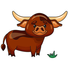 Cute Cartoon Bull with Big Horns. Vector Illustration