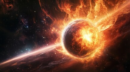 A planet being engulfed by a massive supernova explosion