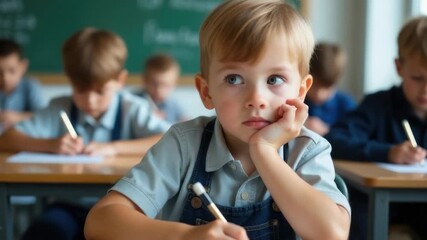 A young student sits at a desk in a typical classroom setting, focused on his schoolwork - Powered by Adobe