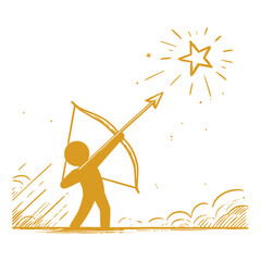 Bronze-toned illustration of archer on hill shooting toward celestial star target, vector