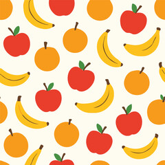 Seamless pattern with a fresh fruit collection, including apples, bananas, cherries, oranges, and strawberries, perfect for healthy food illustrations
