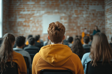 Young man in yellow hoodie attends presentation in brick room audience listening attentively