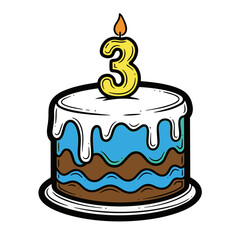 3rd birthday chocolate cake with frosting and number 3 candle, isolated vector illustration on white or transparent background