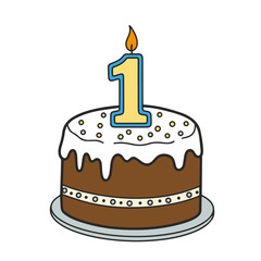 1st birthday chocolate cake with frosting and number 1 candle, isolated vector illustration on white or transparent background