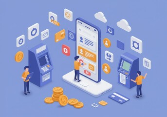 People use mobile banking app and atms for digital financial transactions and money management