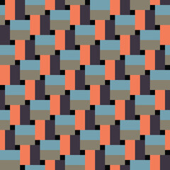Pattern created from blue, khaki, orange and dark maroon rectangles, and small black
