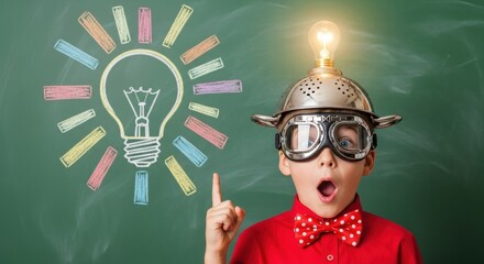 Creative back to school concept with child wearing inventive hat and chalk light bulb drawing for education inspiration