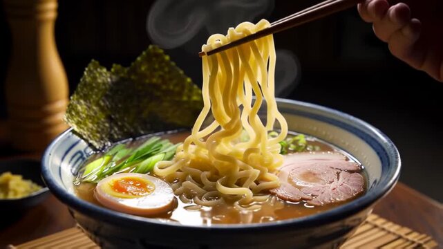 Cinematic close up of picking up steaming hot noodles with chopsticks from a traditional japanese ramen soup
