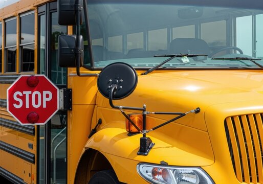 Yellow school bus with stop sign for back to school season - Powered by Adobe