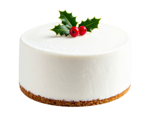 Small Round Christmas Cake with Single Red Berry and Green Leaf, Isolated PNG