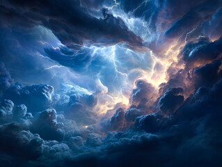 Dramatic thunderstorm with lightning illuminating dark, swirling clouds