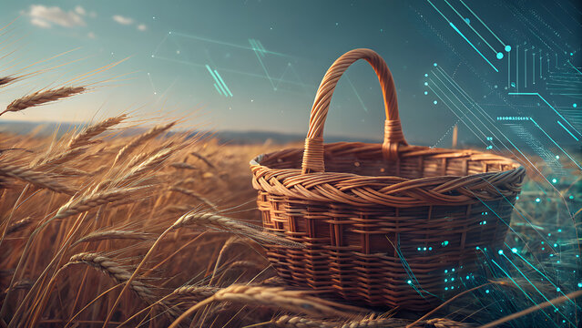 Woven basket in wheat field with digital overlay straw