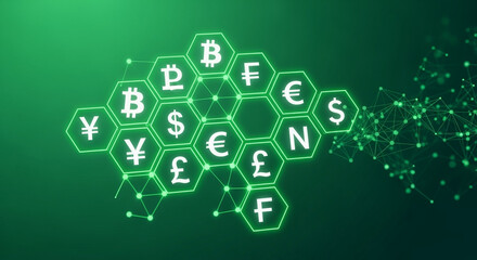 Honeycomb of Green Currency Symbols Representing Global Finance and Digital Economy on Abstract Network Background