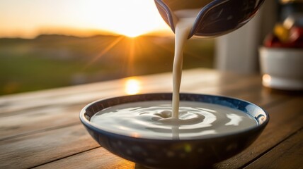 Milk is being poured into a bowl with a sunrise in the background