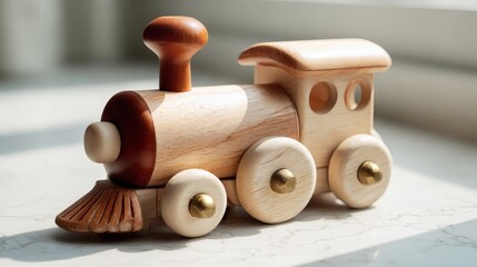 A handmade wooden toy train with wheels, placed on a light-colored surface.