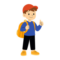 Smiling schoolboy cartoon vector illustration — cute boy with backpack giving thumbs up, wearing a red cap, blue sweatshirt, and yellow shoes. Perfect for back to school design, education clipart.