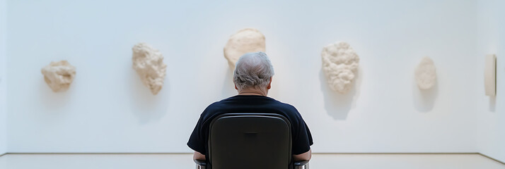 Person gazing at art, back view of a visitor in a wheelchair observing a collection of textured sculptures on a stark white wall in a minimalist art gallery.