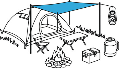 Minimalist Outdoor Camp Setup Vector Icons – Tent, Folding Chair, Picnic Table, Tarp Awning, Water Jug, Lantern, Cooler, and Campfire