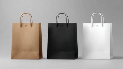 Realistic paper bags. Black white shopping bag mockup, blank fabric and craft handbags. 3d fashion eco packaging for branding vector set, no logos, no brands