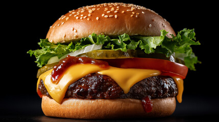 Classic Cheeseburger With Lettuce, Tomato, Pickles, Dripping Sauce, Studio Black Background