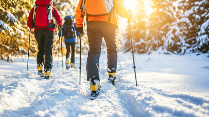 Two friends walking together in a beautiful snowy landscape surrounded by winter wonderland scenery